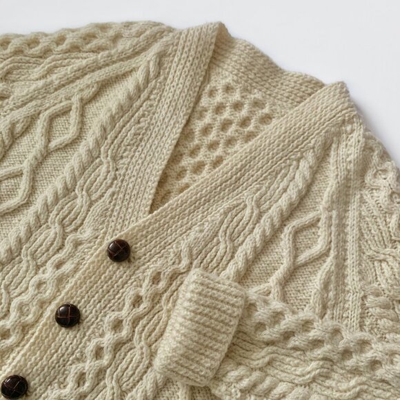 Vintage Wool V Neck Cable Knit Cream Cardigan Grandpa Sweater Cottagecore Cozy - Picture 2 of 13